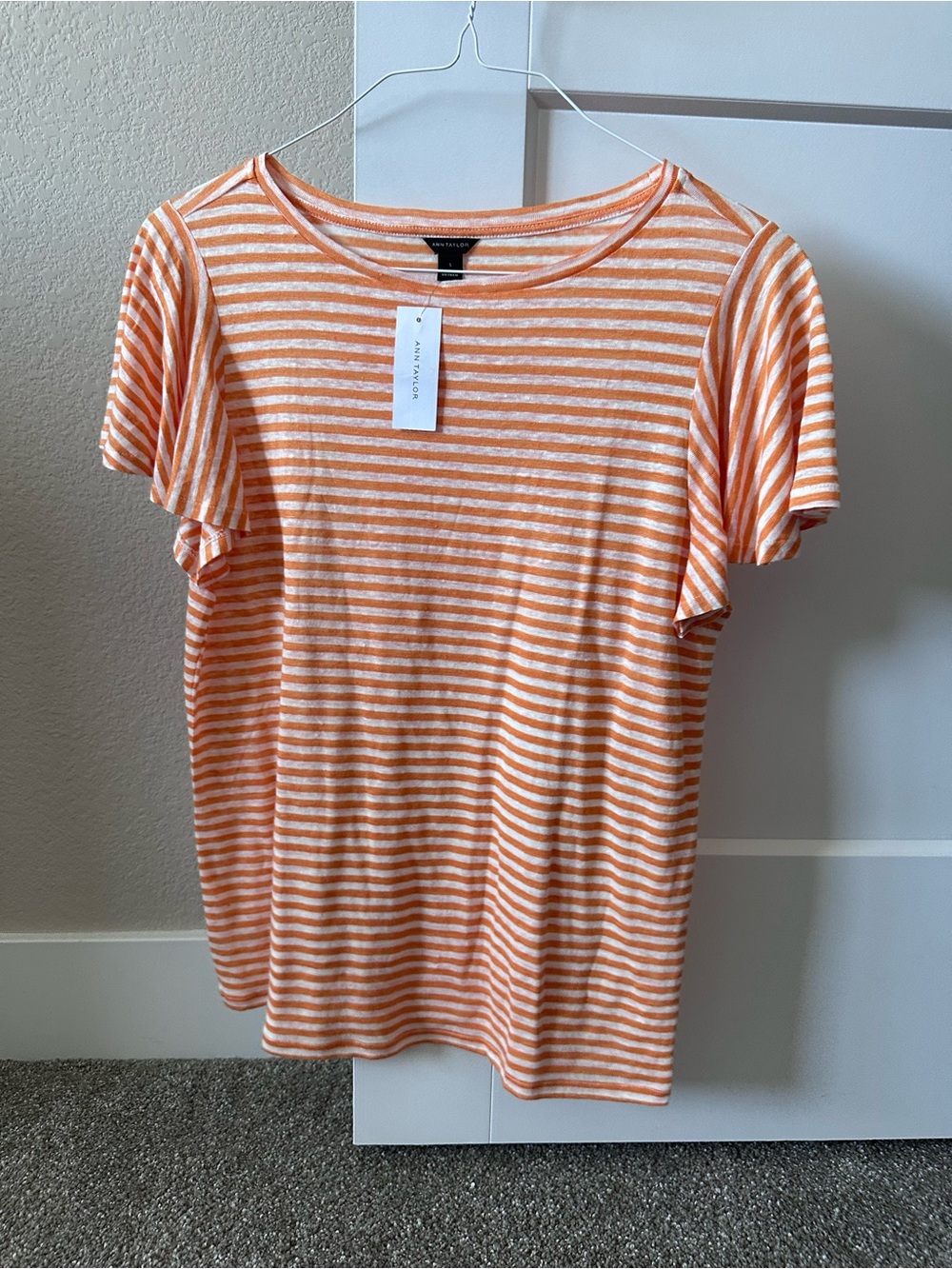 NWT Ann Taylor Orange White Striped Flutter Sleeve Top Size S